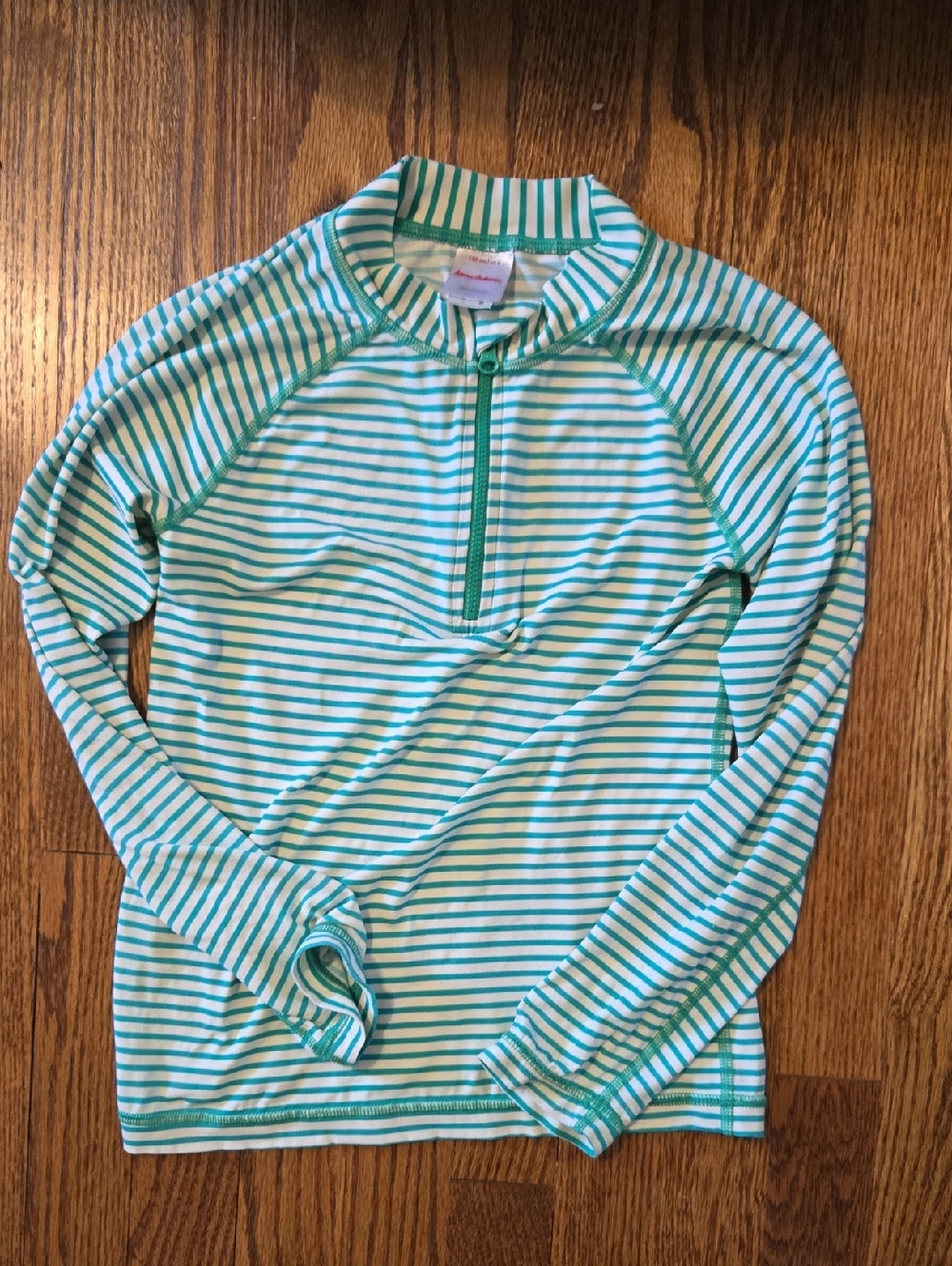 Hanna Andersson Teal and White Striped Half-Zip Rash Guard